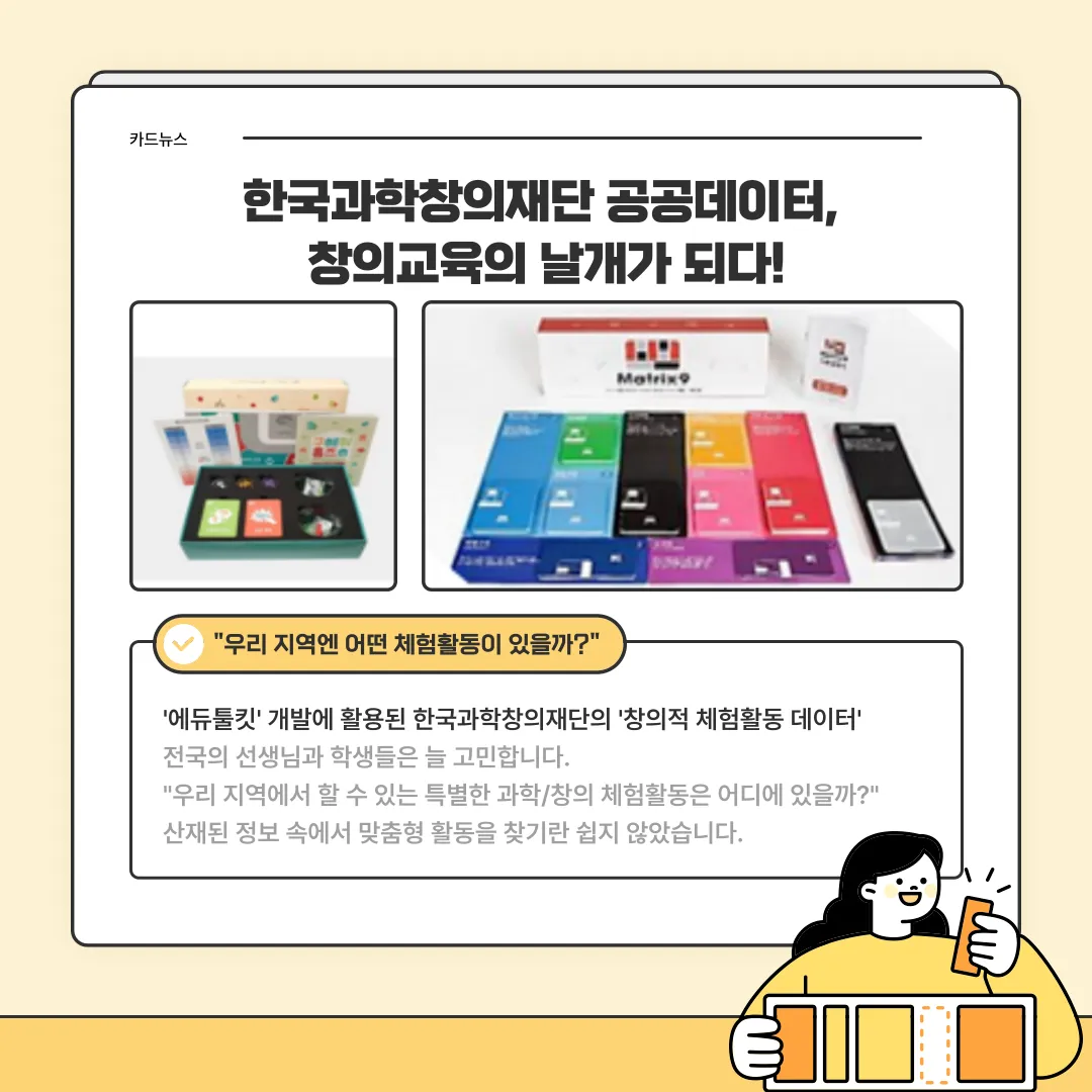 카드뉴스 한국과학창의재단 공공데이터, 창의교육의 날개가 되다! / 우리 지역엔 어떤 체험활동이 있을까? '에듀툴킷'개발에 활용된 한국과학창의재단의 '창의적 체험활동 데이터' 전국의 선생님과 학생들은 늘 고민합니다. '우리 지역에서 할 수 있는 특별한 과학/창의 체험활동은 어디에 있을까?' 산재된 정보 속에서 맞춤형 활돌을 찾기란 쉽지 않았습니다.