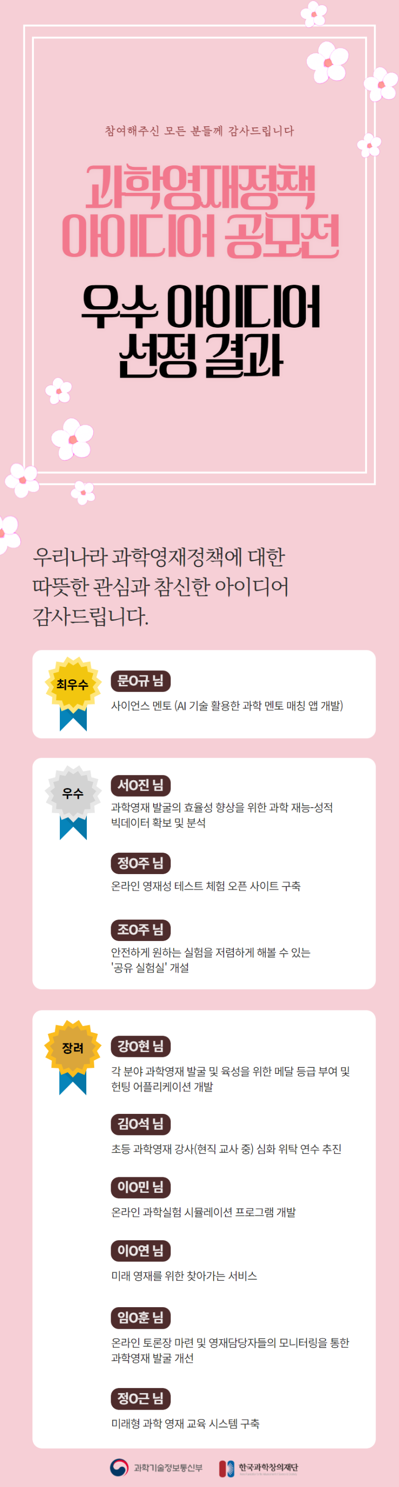 과학영재정책 아이디어 공모전 우수 아이디어 최종 선정작 안내(자세한 내용 하단 참조)